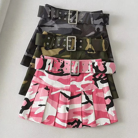 Sonicelife Street Women Pink Camouflage Pleated Mini Skirts Dance School Girls High Waist Belt Camo Pleated Skirt Cosplay A Line Skirts New