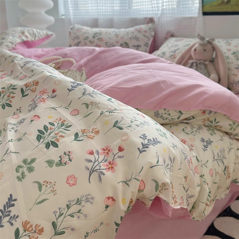 Sonicelife Cream Green Floral Duvet Cover Set No Filler Ins Style Full Size Girls Boys Flat Sheet Pillowcase Bedspread Cute Kawaii Bedding