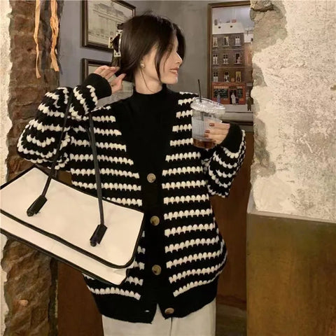 Black Friday Sonicelife Striped Knit Cardigan Women Black White Patchwork Fall Winter Warm Button Sweater Fashion Elegant Loose Chic Twist Coat