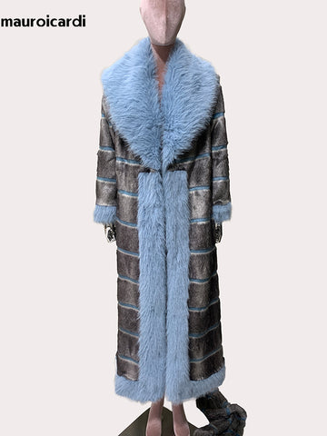 christmas outfit Sonicelife Autumn Winter Extra Long Striped Thick Warm Faux Fur Coat Women with Fur Trim Elegant Luxury Maxi Furry Overcoat