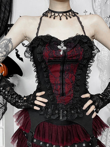 Sonicelife Gothic Hotsweet Camisole Women Vintage Aesthetic Y2k E-girl Hipster Lace Patchwork Halter Crop Tank Tops Cosplay Clothes