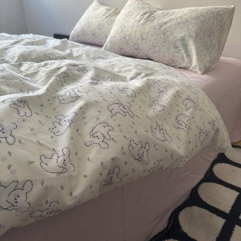 Sonicelife Cute Rabbit Duvet Cover Set with Flat Sheet Pillowcase Ins Style No Filler Boys Girls Queen Full Size Home Decor Bedding Linens