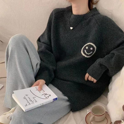 christmas outfit Sonicelife Smiley face jacquard pullover sweater coat Korean style loose round neck long sleeve knitted bottoming shirt casual y2k tops