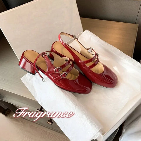 Sonicelife Classic Red Mary Jeans Woman Patent Leather Med-High Heels Sandals Two Buckle Belt Strap Shoes Femme Slingback Lolita Footwear