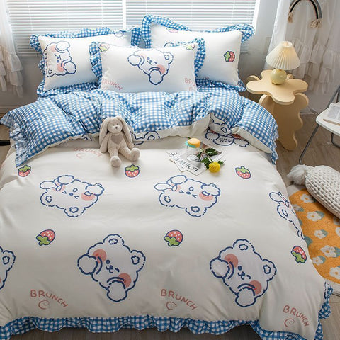 Sonicelife Cute Bear Printed Bedding Set Ins Solid Color Linen And Duvet Cover With Pillowcases Single Double Full Size For Kids Adults