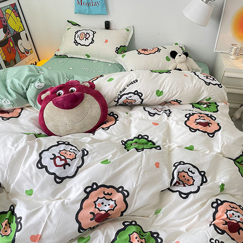 Sonicelife Ins Rabbit Bedding Set Fashion No Filler Korean Single Queen Size Duvet Cover Flat Sheet Pillowcases Cute Kids Adult Bed Linens