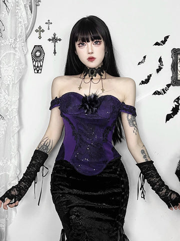 Sonicelife Palace Style Vintage Gothic Vest Women Dark Punk Sexy Emboridered Crop Tank Tops Cosplay Partywear Rave Outfits Female