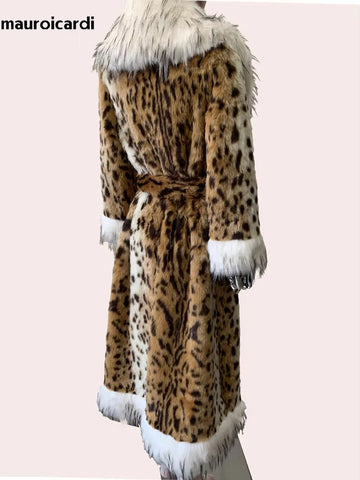 christmas outfit Sonicelife Winter Long Thick Warm Colorful Fluffy Leopard Print Faux Fur Coat Women with Fake Fox Fur Trim Luxury Designer Clothes 2025