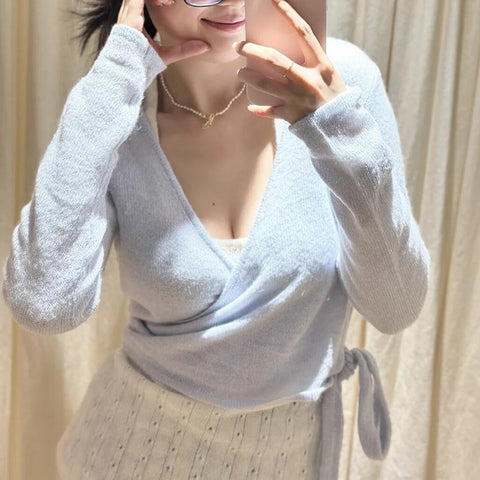 Sonicelife Lace-up Autumn Sweet Chic Sweater For Women V-neck Long Sleeve Slim Winter Pullovers Solid Pink Sweet Knitting Top Woman New
