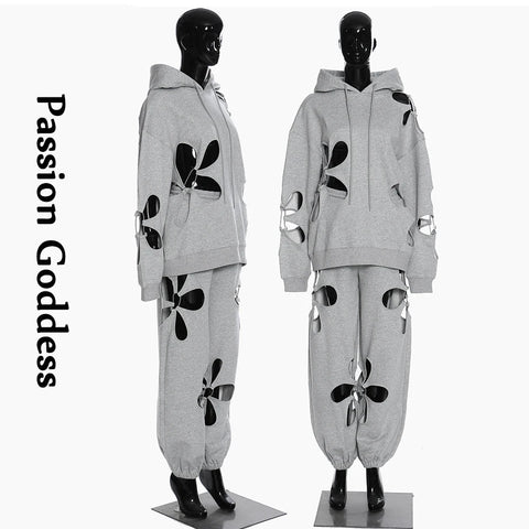 Sonicelife Fashion Women 2 Piece Tracksuits Petal Cutout Sweatsets Hoody Sweatshirts Drawstring Sweatpants Flower Hollow Out Two Piece Sets