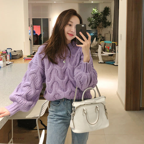 Black Friday Sonicelife Twist Sweater Women Lantern Long-Sleeved Loose Lazy Chic Fall Winter Korean Knitted Casual O-Neck Pullover Female Sweet Jumpers