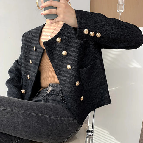 Sonicelife Autumn Winter Women Tweed Office Elegant Coat Pockets Double-breasted Cardigan Jackets Solid Streetwear Long Sleeve Coat