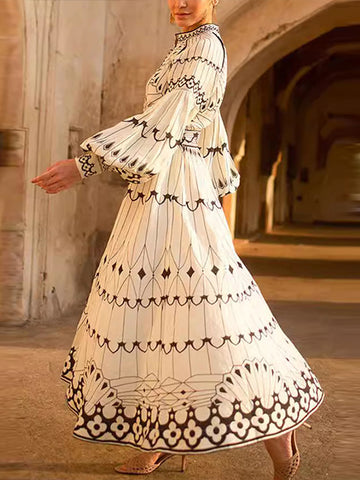 Sonicelife 3D Geometric Print Bohemian Dresses for Women Stand Striped Lantern Sleeve with Sashes Wave Cut Female Elegant Long Dress Autumn