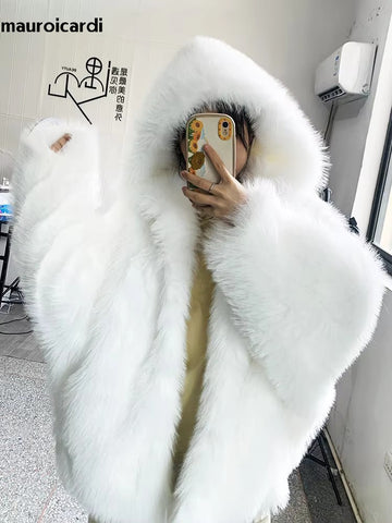 christmas outfit Sonicelife Winter Oversized Black Warm Shaggy Hairy Faux Fox Fur Coat Women with Hood Bat Sleeved White Korean Fashion 2025