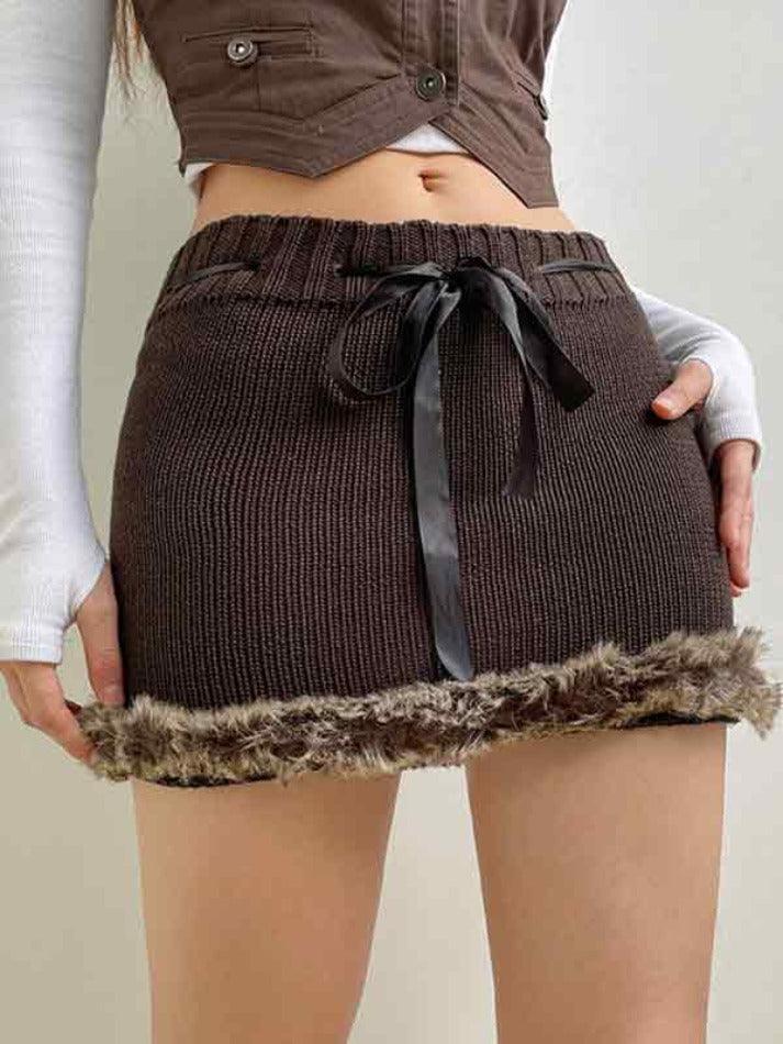 Sonicelife-Plush Hem Ribbon Lace Up Mini Skirt