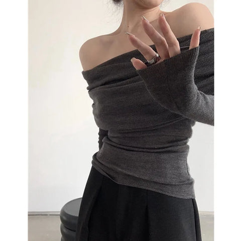 Sonicelife Women Knitwear Slash Neck Sweater Long Sleeve Solid Off Shoulder Autumn Thin Pullovers Office Lady Elegant Tops Winter