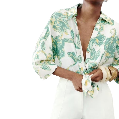 Sonicelife Women's Single Breasted Printed Shirt Linen Blended Comfortable Soft Commuting Versatile Top New