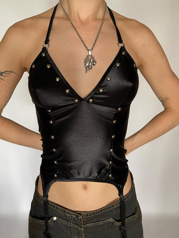 Sonicelife Harajuku Cyber Punk Pu Camis Women Dark Gothic Streetwear Grungen Emo Alt Backless Rivets Halter Crop Tank Tops Female