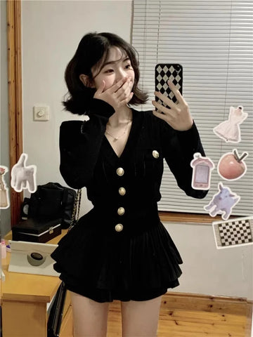 Sonicelife 2025 Spring Korea Fashion Knitted Suit Black Slim 2 Piece Skirt Set Casual Elegant Sweater + Women Outwear Casual Y2k Mini Skirt