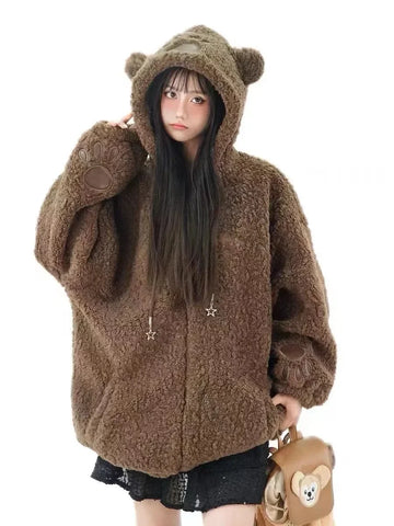 Sonicelife Womens Brown Bear Lamb Velvet Thick Cardigan Sweater Loose Hooded Sweater Cute Design Autumn Winter Warm Tops Y2K Hooded Sweater