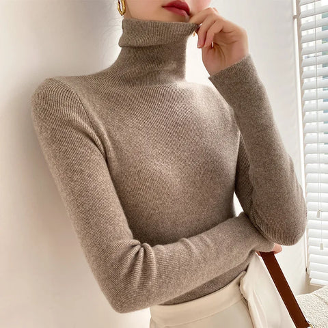 christmas outfit Sonicelife Women Sweater Winter Cashmere Turtleneck Warm Knitwear Korean Casual Solid Bottoming Shirt Fashion Knit Pullovers Brown Sweater