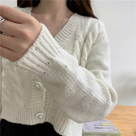 Sonicelife Chic Pearl Buttons Cardigan Women Sweet Long Sleeve Cropped Elegant Knitted Sweaters Coat Korean Long Sleeve White Cardigan