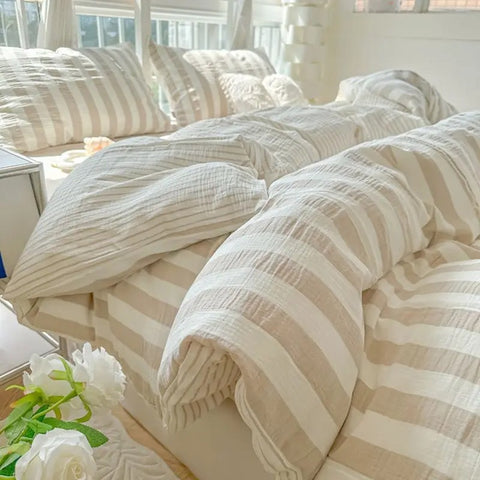 Sonicelife Ins Korean Style Duvet Cover Set Quilt Set Striped Bed Sheet Set For Girls Bedding Set For Bedroom