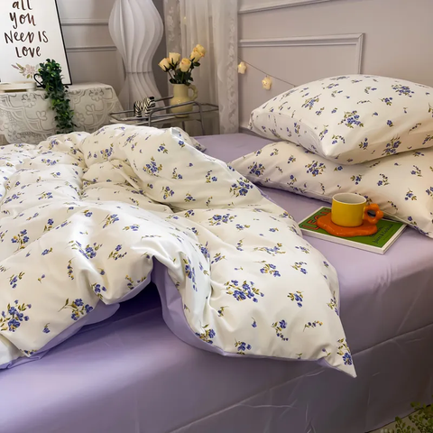 Sonicelife Floral Bedding Set Ins Lilac Duvet Cover with Zipper No Filler Flat Sheet Pillowcase Twin Full Queen Size Girls Bed Linens