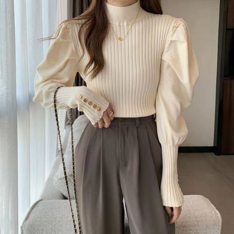Sonicelife Fashion Puff Sleeve Sweaters Women Sweet Long Sleeve Korean Knitted Pullovers Casual Mock Neck Female Fall Apricot Jumpers