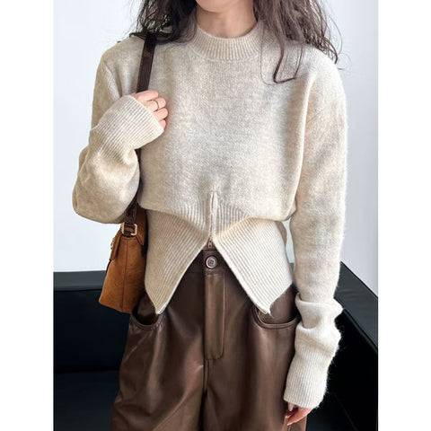 Sonicelife Retro Design Zipper Sweaters Women Casual Korean Loose Long Sleeve Knitted Pullovers Vintage Simple Solid Female Jumper Top