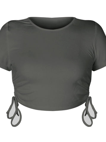 Sonicelife-Stylish Drawstring Short-Sleeve Crop Top