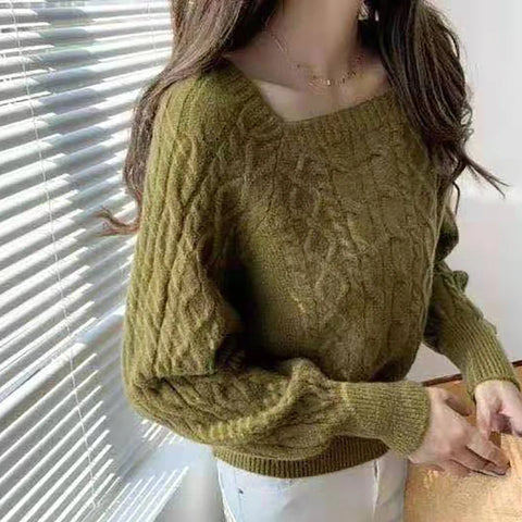 Sonicelife Square Collar Ribbed Sweater Women Thicken Warm Office Jumpers Lantern Sleeve Knit Casual Sweater Women 2024 Fall Winter