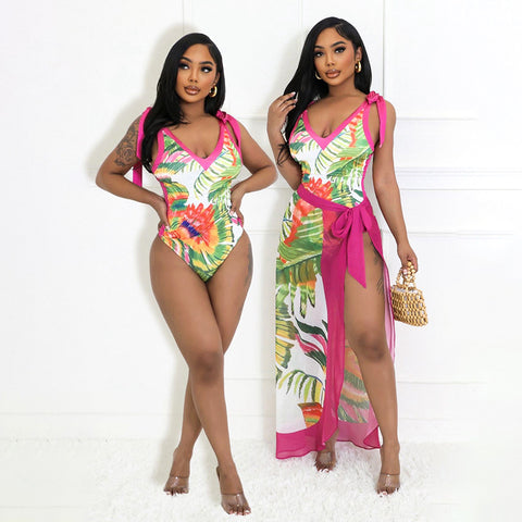 Sonicelife Summer Women 2 Piece Printed Bodysuits Split Skirts Sets Slim Bandage Rompers Long Skirts Party Two Piece Outfits Beachwear 2024