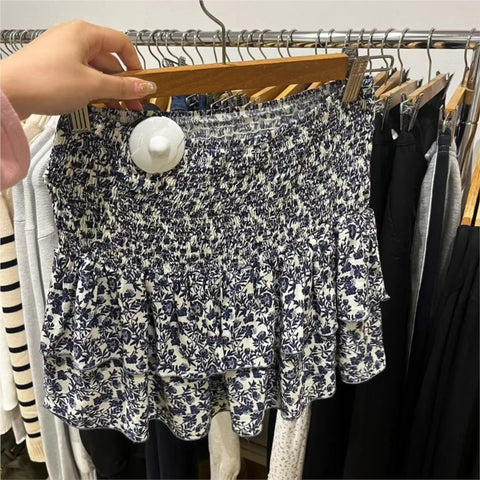 Sonicelife Sweet Floral Print Pleat Short Skirt For Women's Summer 2025 New Elastic High Waist A-line Fashion Bohemian Fluffy Skirt Y2K