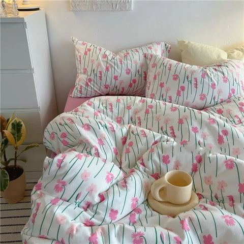 Sonicelife Romantic Bedding Set Floral Ins Style Duvet Cover Flat Sheet with Pillowcases Single Queen Full Size Boys Girls Korean Bed Linen