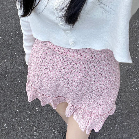 Sonicelife Sweet Pink Floral Mini-Skirt Femme Summer Elegant Fashion Streetwear Ruffle Holiday Skirt Women High Waist Faldas Y2K Vintage