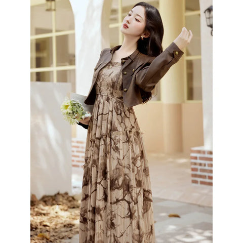 thanksgiving outfit Sonicelife Coffee Color Leather Jacket And Printed Maxi Dress 2-Piece Set Women's Fashionable Spring Autumn Long Dress Suit