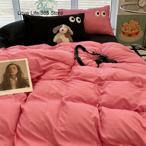 Sonicelife Ins Grey Cartoon Big Eye Solid Color Bedding Set Girls Boys Double Size Flat Sheet Duvet Cover Pillowcase Bed Linen Home Textile