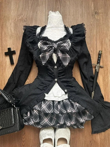 Sonicelife Y2k Gothic Sweet 3 Piece Set Autumn Casual Long Sleeve Cardigan + Slim Lace Bow Vest + Plaid Mini Cake Skirt Women Outfits New