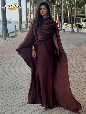 Sonicelife Women Stain Cape Collar Long Dress Elegant Lady Pleated Slim Fit Cloak Maxi Vestido Fashion Summer Cocktail Dress Woman 2025 New