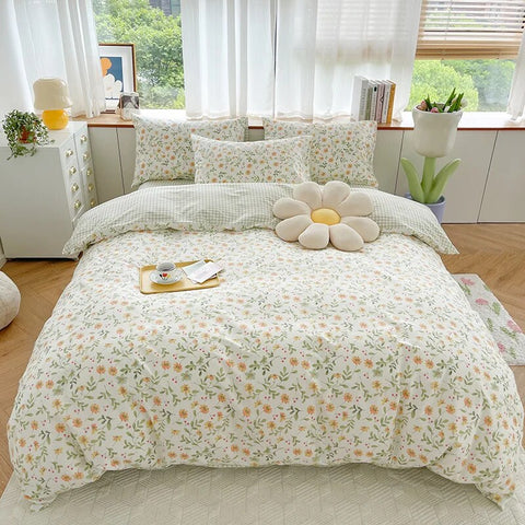 Sonicelife Floral Ins Bedding Set Cotton Made No Filler Duvet Cover Flat Sheet Pillowcase Single Queen Size Soft BedSpread Home Textile