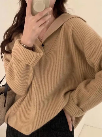 christmas outfit Sonicelife Lapel Raccoon Velvet Design Sense Sunken Stripe Sweater Women Autumn and Winter 2025 Popular New Lazy Gentle Knitted Top Thick