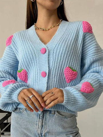 Black Friday Sonicelife Casual Knitted Strawberry Cardigan Women Loose Warm V-Neck Single-Breasted Sweaters Female Autumn Chic Simple Daily Tops