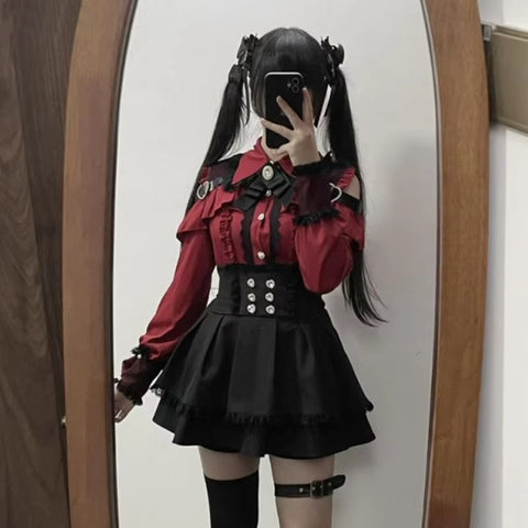 Sonicelife Japanese Black Short Skirt Set Women Sexy Lace Off Shoulder Lolita Shirt Gown Gothic Ruffles Mini Skirts Y2K Aesthetic Suit