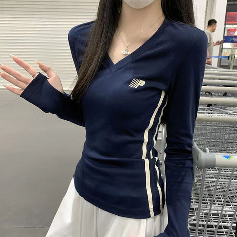 Sonicelife Vintage V Neck Warm Long Sleeve T Shirt Women New Slim All Match Tops Autumn Winter Korean Chic Casual Female T Shirt