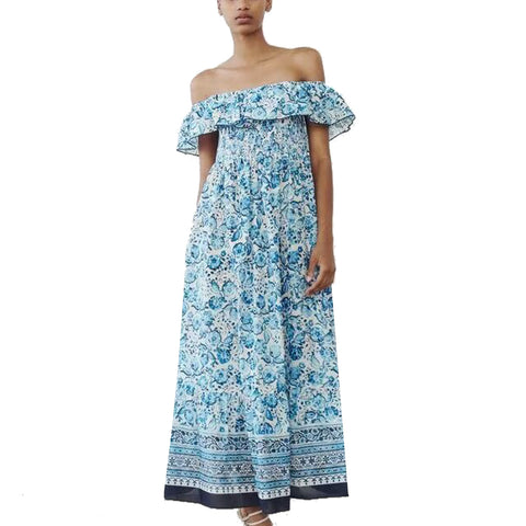 Sonicelife Women's One Line Neck Long Dress with Flower Print Off the Shoulder Slim and Sexy Style New