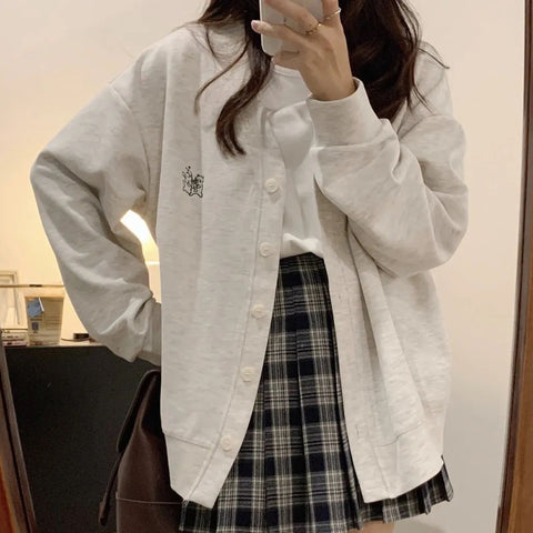 Sonicelife Sweet V Neck Coat Women Gray Chic Preppy Style Autumn Button Cardigan Jacket Korean Loose All Match Embroidered Cute Tops New