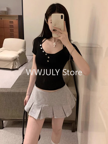 Sonicelife Summer Basic Short Sleeve T Shirts Women Casual See Through Sexy V Neck Cropped Tees Coquette Solid Color Slim Tops Chic