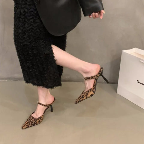 Sonicelife New Leopard Slippers Shoes Women Slides Sandals Female Footwear Slingbacks Mules Ladies High Heels 2024 Sandals Pumps Shoes