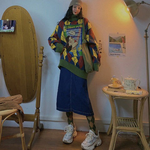 christmas outfit Sonicelife Y2K Harajuku Turtleneck Knit Oversize Warm Long Sweater